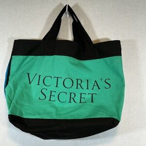 Victoria's Secret Green Blue Black Color Block Large Canvas Logo‎ Bag Tote